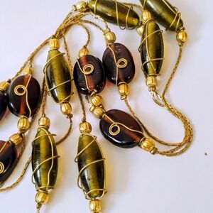 46" Wire Wrapped Golden Glass Beaded Necklace